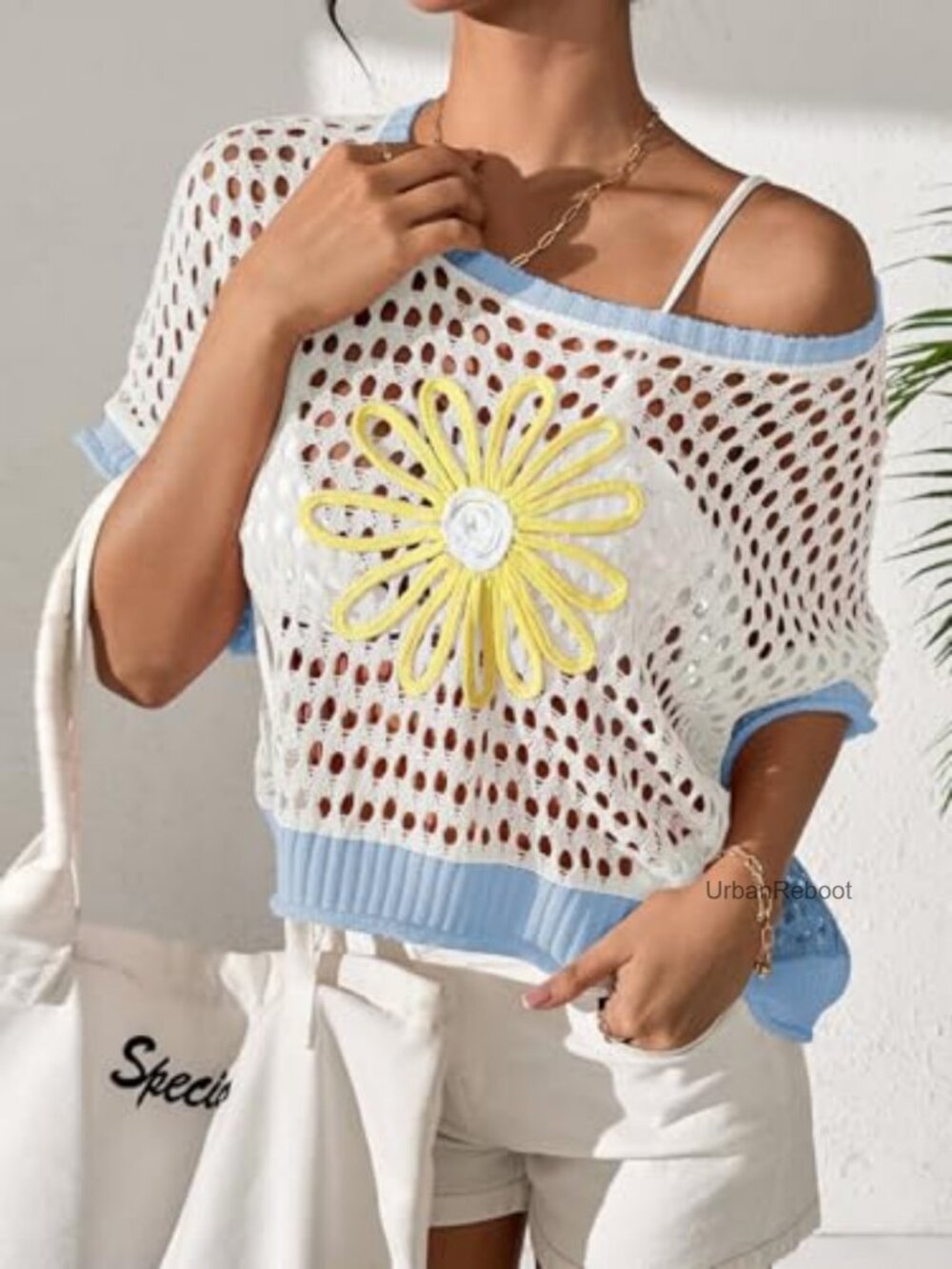 Boho Crochet Crop Sweater Beach Knit Cover Up Short Sleeve Pullover - Picture 3 of 7